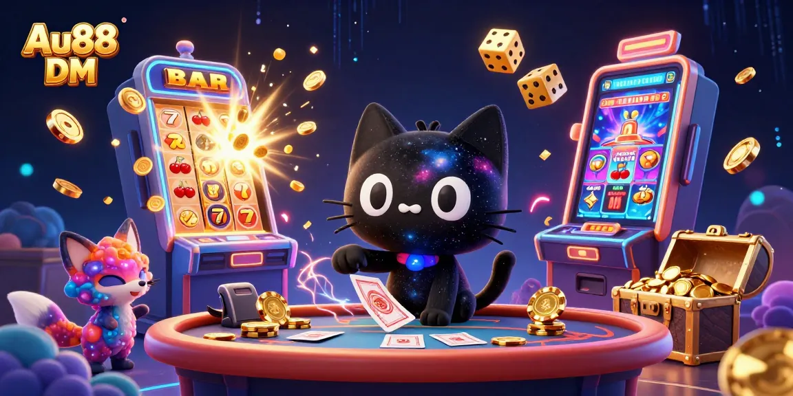 Engage with the vibrant universe of Au88 DM, where a cosmic cat attracts winning chips amidst exciting casino elements.