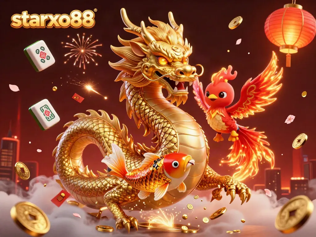 Experience thrilling gameplay at starxo88 with a dynamic scene of a Chinese dragon and lucky symbols.