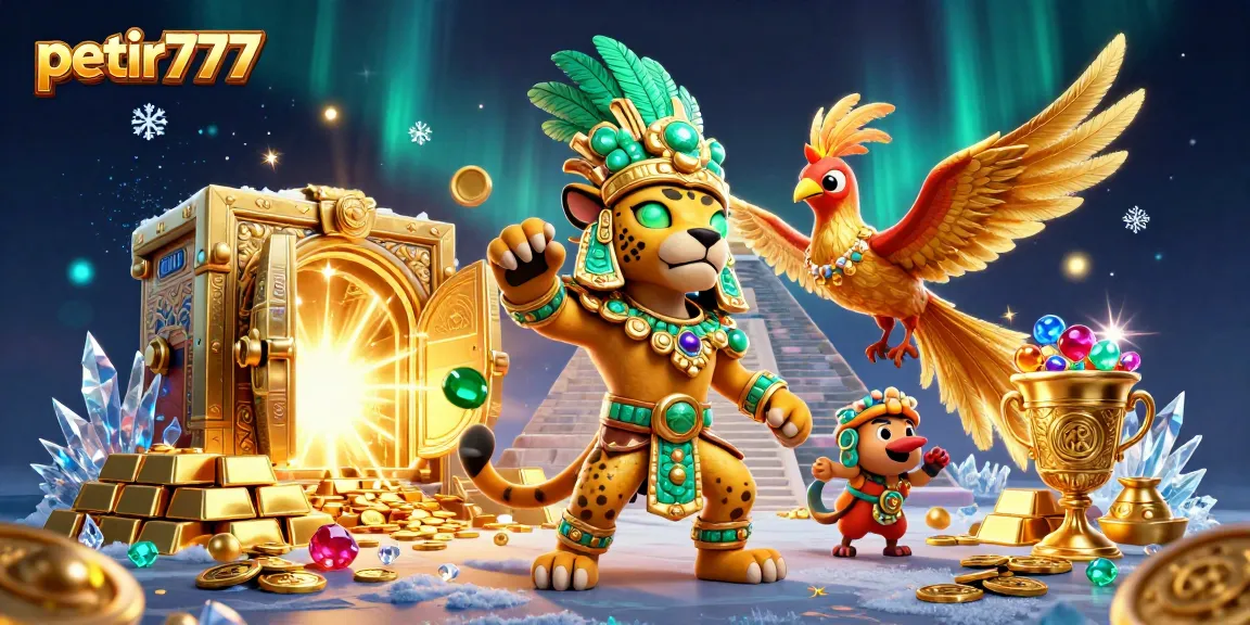 Engage with petir777 slots in this vibrant casino-inspired 3D illustration filled with treasures.