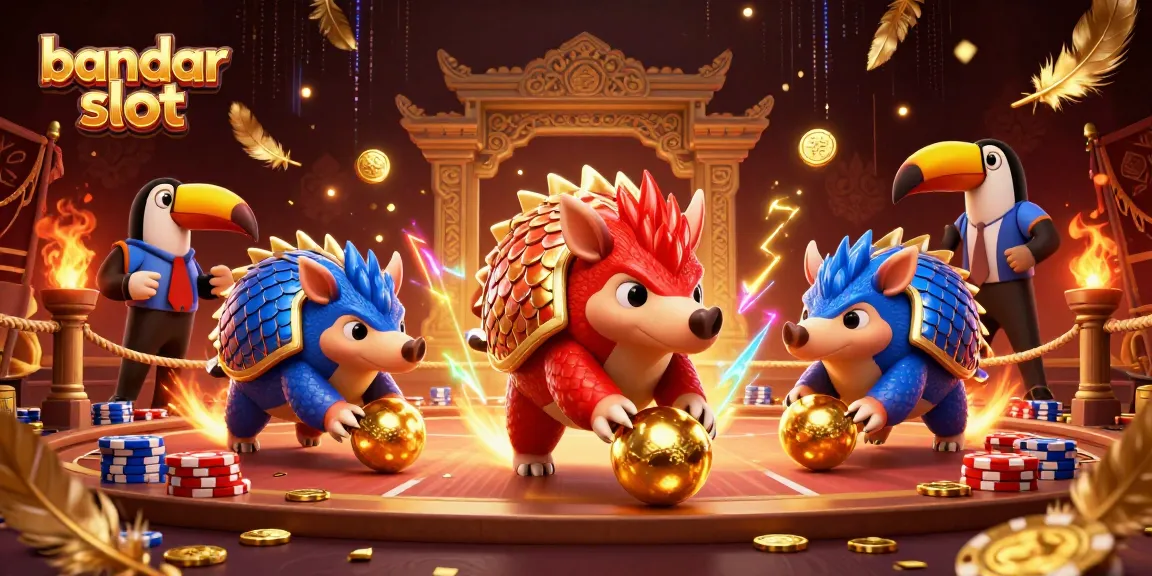 Menangkan permainan bandar slot dengan ilustrasi 3D dua pangolin bersaing dan tumpukan chip poker yang mengesankan.