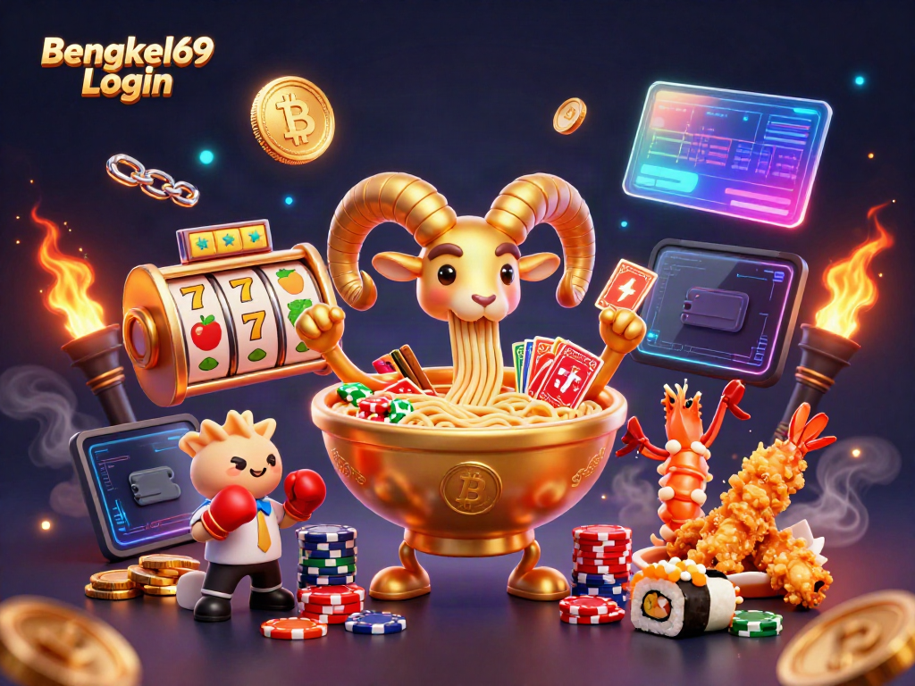 Engage in exhilarating gameplay on Bengkel69 Login with vibrant slot visuals, crypto elements, and dynamic characters.