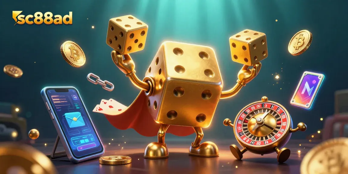Engage in thrilling gameplay at sc88ad with a vibrant casino scene featuring golden dice, crypto coins, and interactive gaming elements.