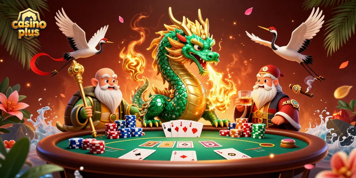 Engage with the dynamic casino plus scene featuring a jade dragon, poker chips, and vibrant characters in action.