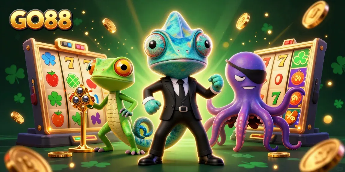 Experience thrilling slot games at GO88 with this vibrant 3D casino illustration featuring dynamic characters and game elements.