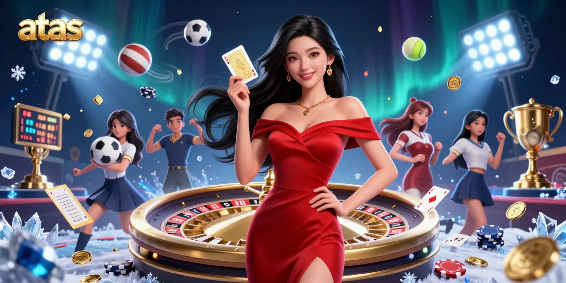 Win big at atas with a glamorous young woman beside a golden roulette wheel and dynamic sports elements.