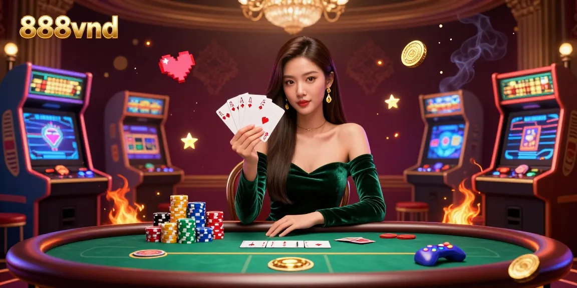 Experience thrilling gaming with 888vnd as a beautiful Asian woman plays poker at a luxury table surrounded by arcade elements.