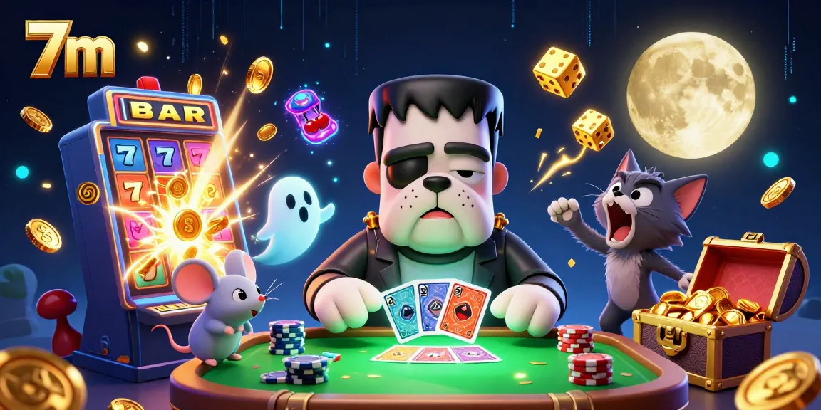 Engage with 7m casino action featuring a Frankenstein bulldog dealing cards with vibrant gaming elements.