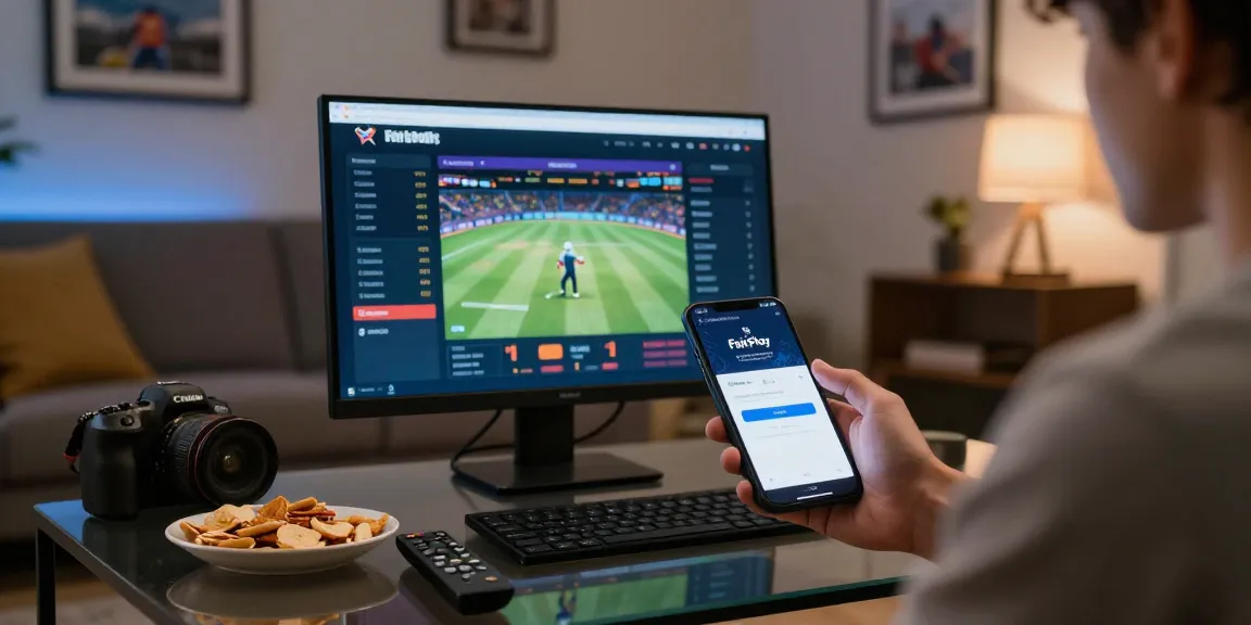User accessing FairPlay login on smartphone with cricket stats in a cozy living room