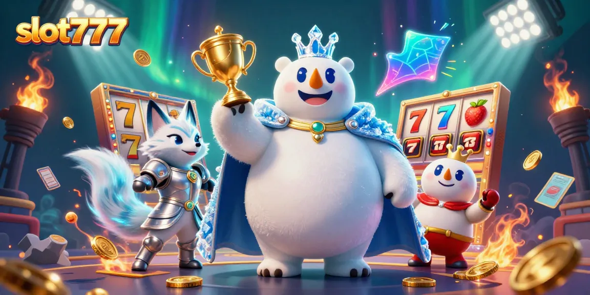 Experience slot777 action with a polar bear king and snow fox in a vibrant casino scene