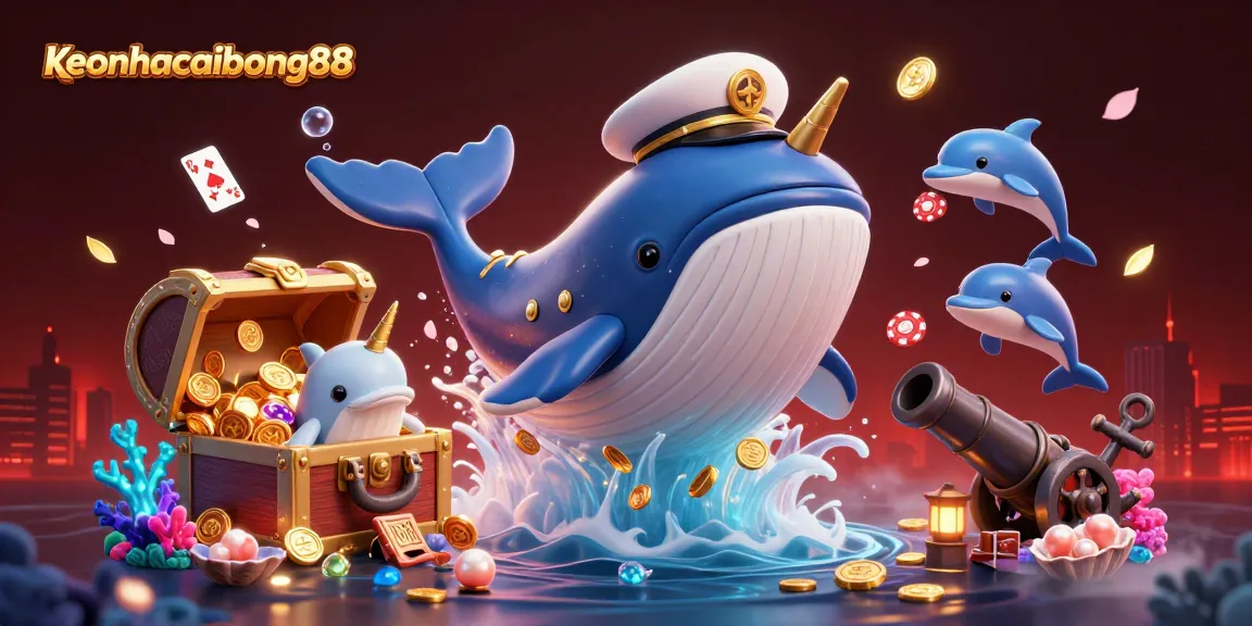 Experience thrilling underwater adventures with keonhacaibong88 as the whale, narwhal, and dolphins play among poker chips.