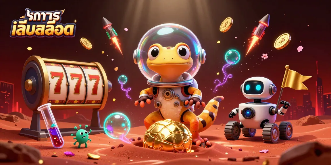 Play ทดลองเล่นสล็อต with spinning slot reels and a Martian gecko in an exciting casino scene.