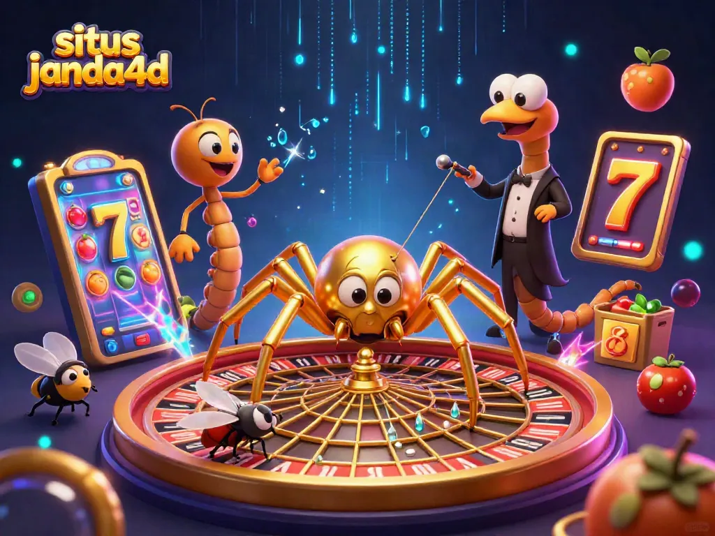 Gambarkan situs janda4d dengan laba-laba emas berputar di roda roulette dan belatung croupier dalam suasana kasino.