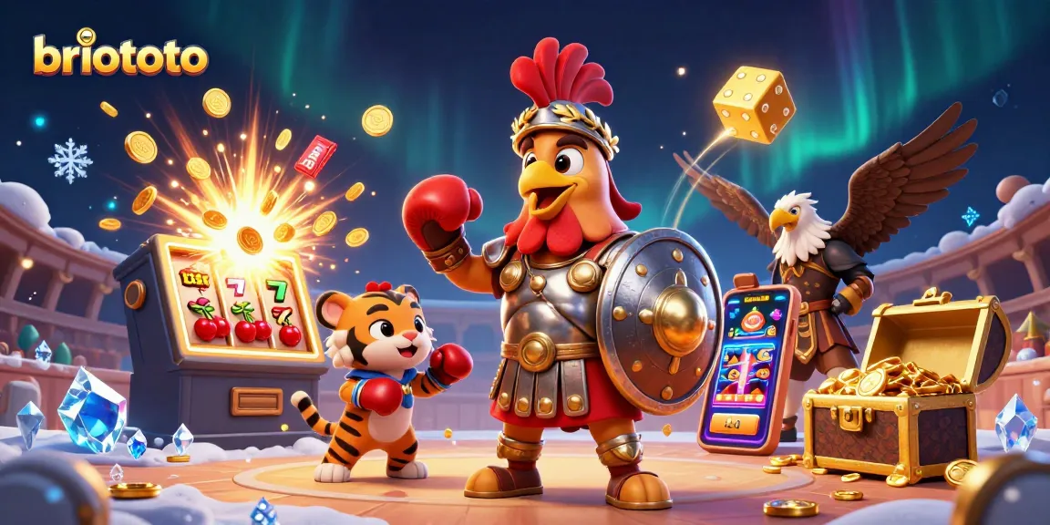 Experience thrilling action at briototo with a 3D gladiator rooster and vibrant casino elements.