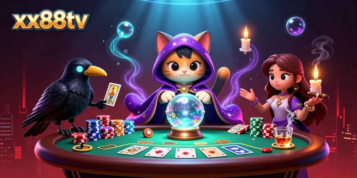 Engage with thrilling poker action at xx88tv, featuring vibrant poker chips, cards, and a fortune teller.