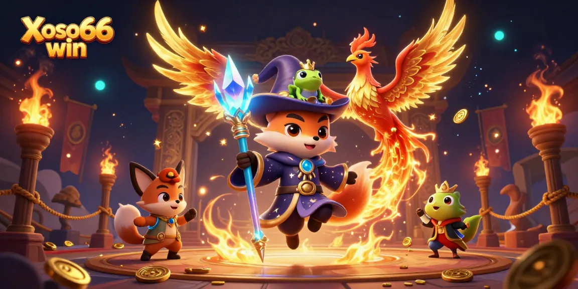 Xoso66 win showcases an enchanting wizard fox with a phoenix in a vibrant casino scene filled with gold and excitement.