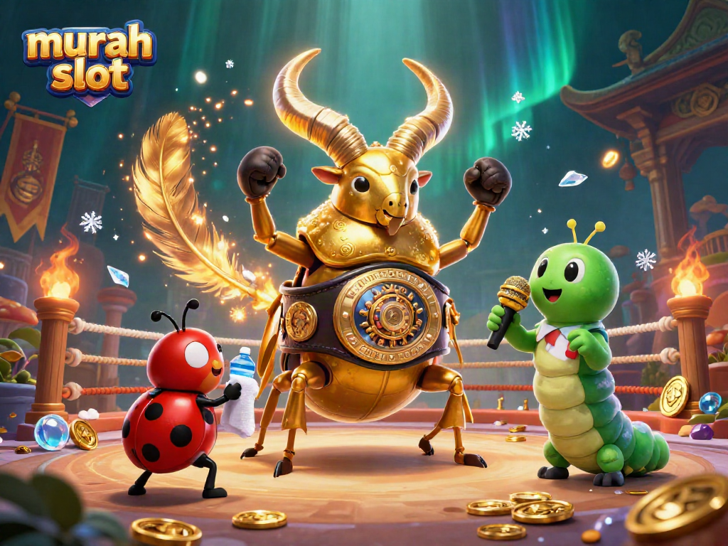 Menggambarkan suasana menarik dengan karakter 'murah slot' dalam arena taruhan yang mewah dan penuh energi