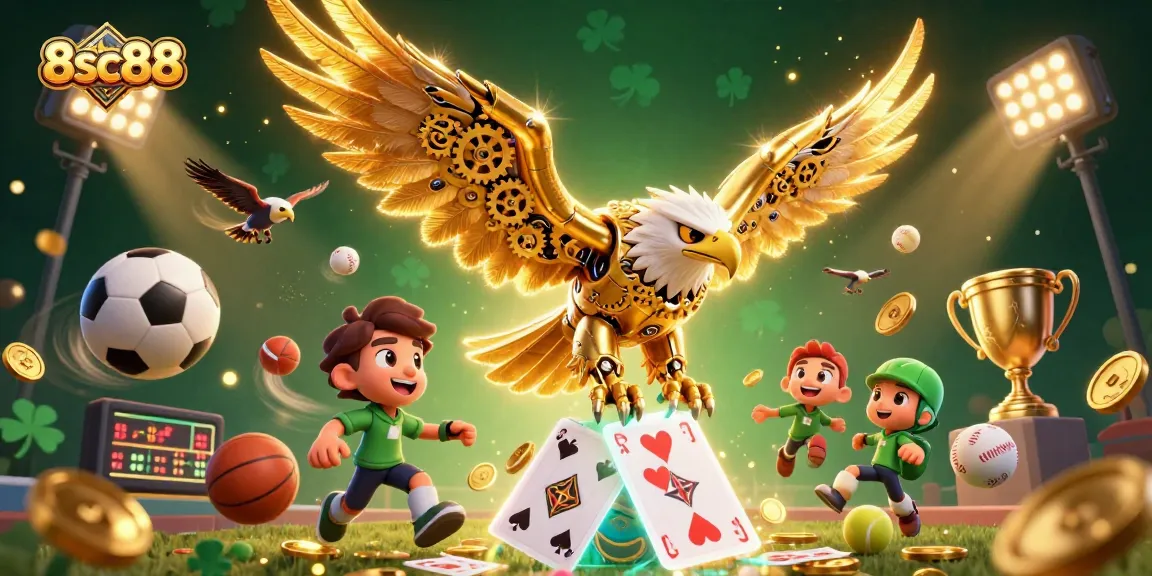 Experience the thrilling games at 8sc88, where a golden eagle dives through holographic cards and dynamic sports elements.