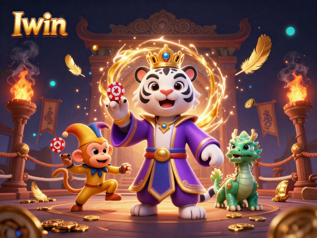 Iwin showcases a vibrant casino scene with a white tiger and monkey amidst poker chips and gold.
