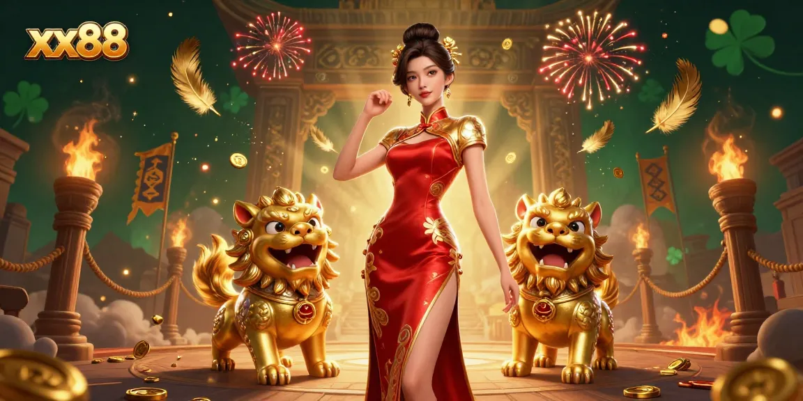 Win big with xx88 as an elegant Asian woman stands amidst casino riches with roaring foo dogs.
