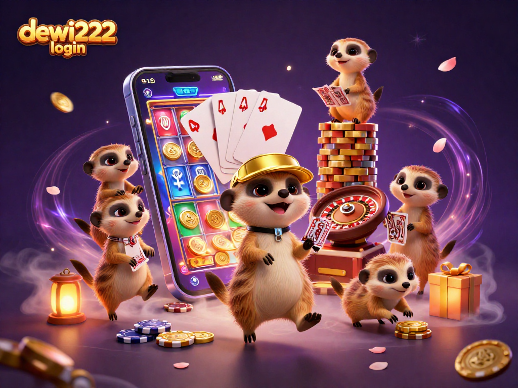 Experience high-action gaming with dewi222 login, featuring a lively meerkat casino scene.