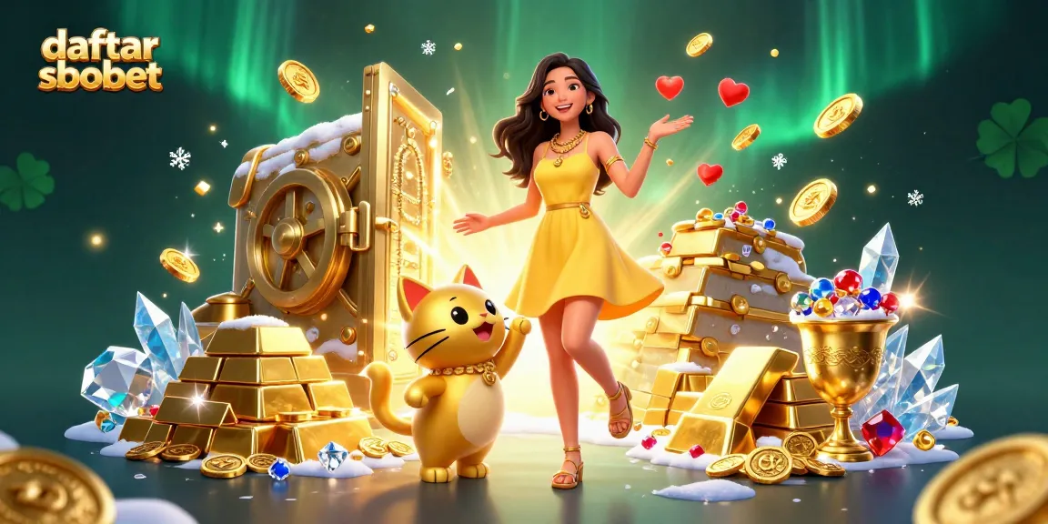 Engage in daftar sbobet with a joyful Asian woman and a lucky cat amid casino treasures.