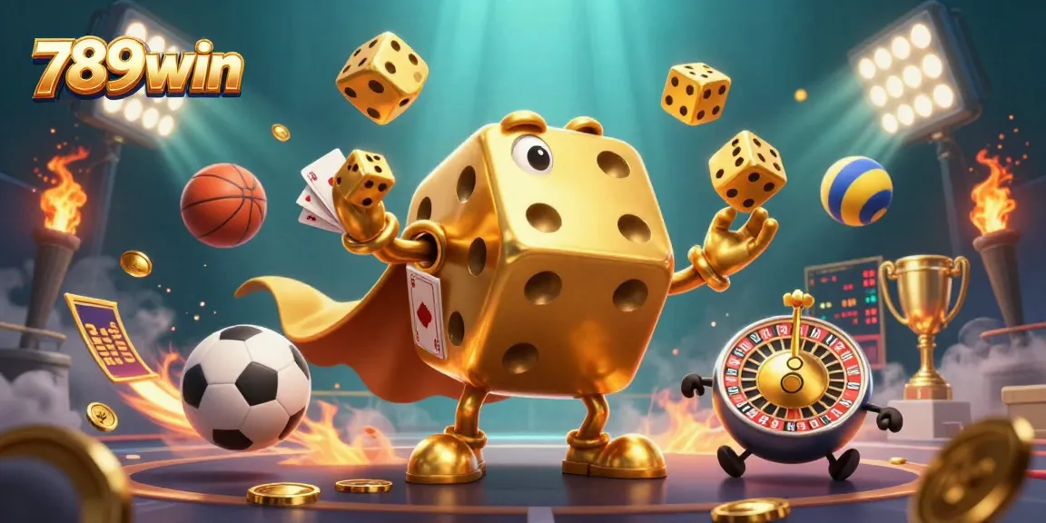 Engage in thrilling gaming with 789win's vibrant, dynamic casino scene featuring a golden dice golem and sports elements.