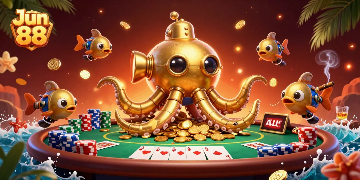 Play thrilling poker at Jun 88 with golden kraken submarine and vibrant casino elements.