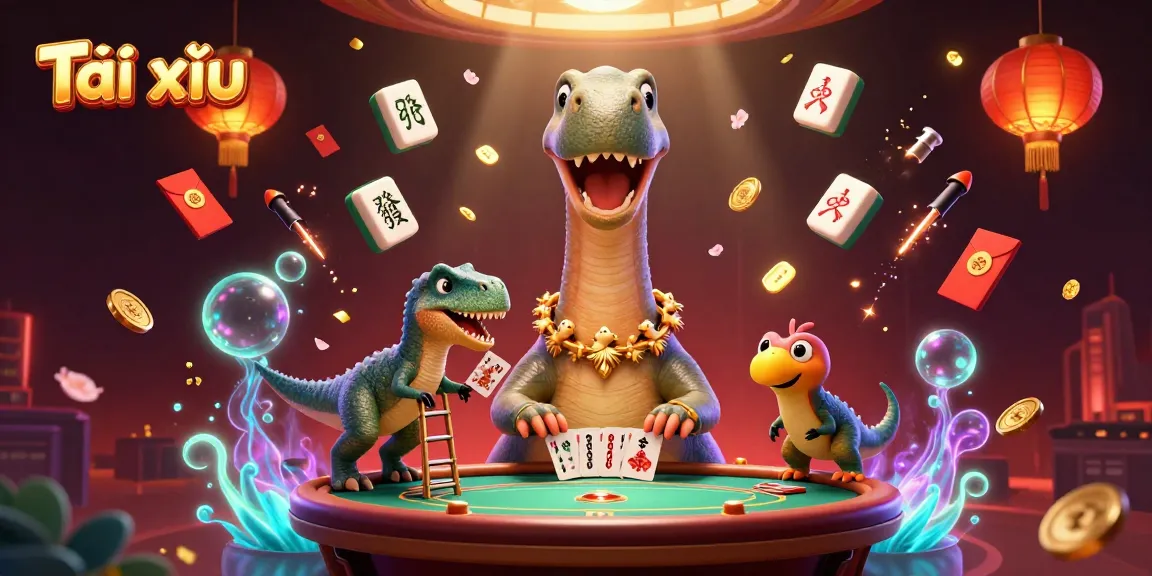 Participants enjoying Tài xỉu in a vibrant casino atmosphere, featuring playful cartoon characters and game elements.