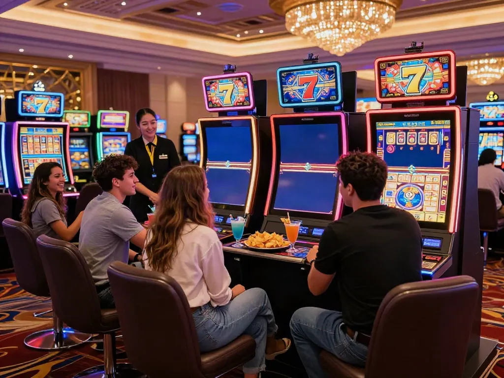 Friends enjoying Lucky777 slot machines in a vibrant casino.