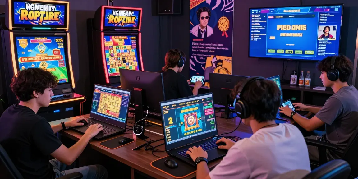Players engaging with ngamenjitu's online gaming platforms with laptops and smartphones in an exciting atmosphere.