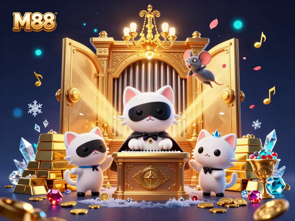 M88 themed casino illustration with a masked cat at a grand organ amidst treasures and gems.