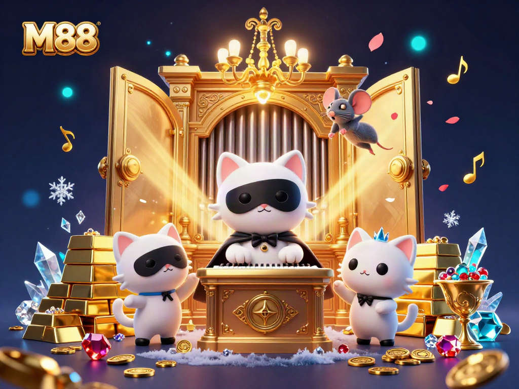 M88 themed casino illustration with a masked cat at a grand organ amidst treasures and gems.