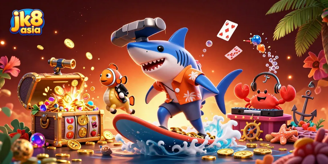 Experience exciting gameplay at jk8 asia with animated characters surrounded by gold coins and casino essentials.