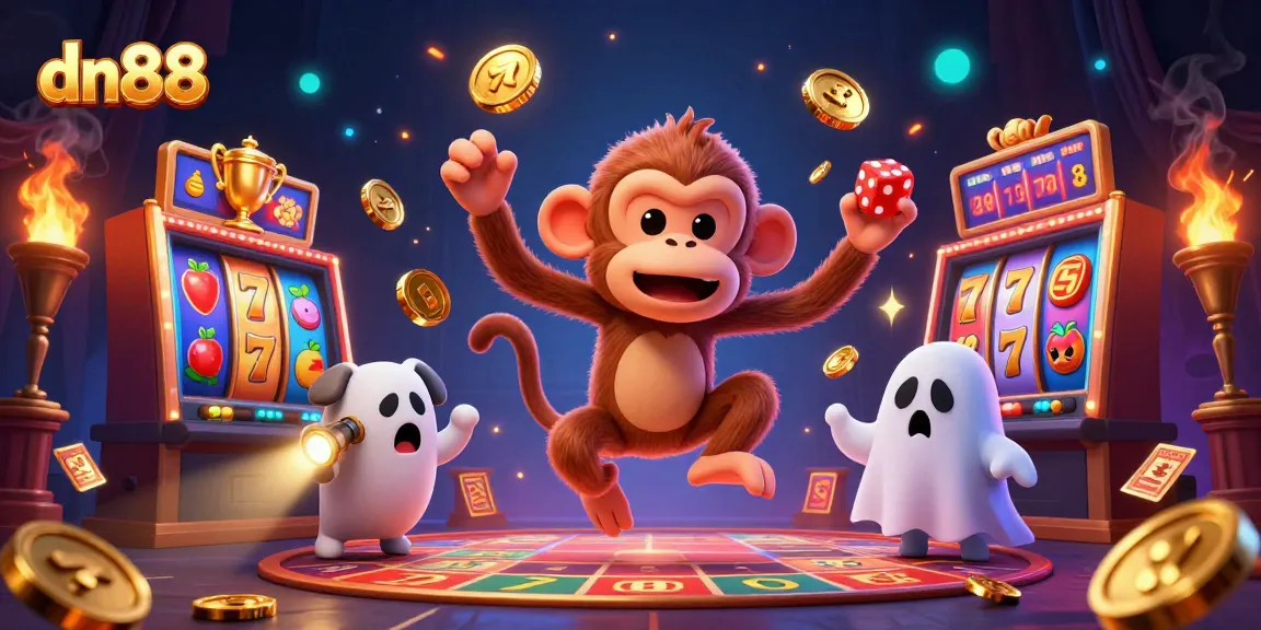 Experience thrilling gaming at dn88 with a playful ghost monkey juggling golden casino items.