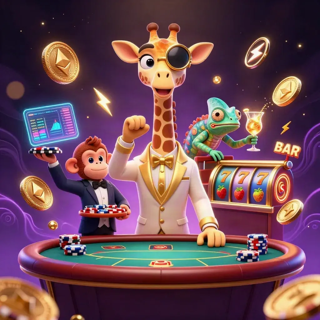 Luxury casino giraffe, monkey, and chameleon amid glowing coins, reels, and treasure