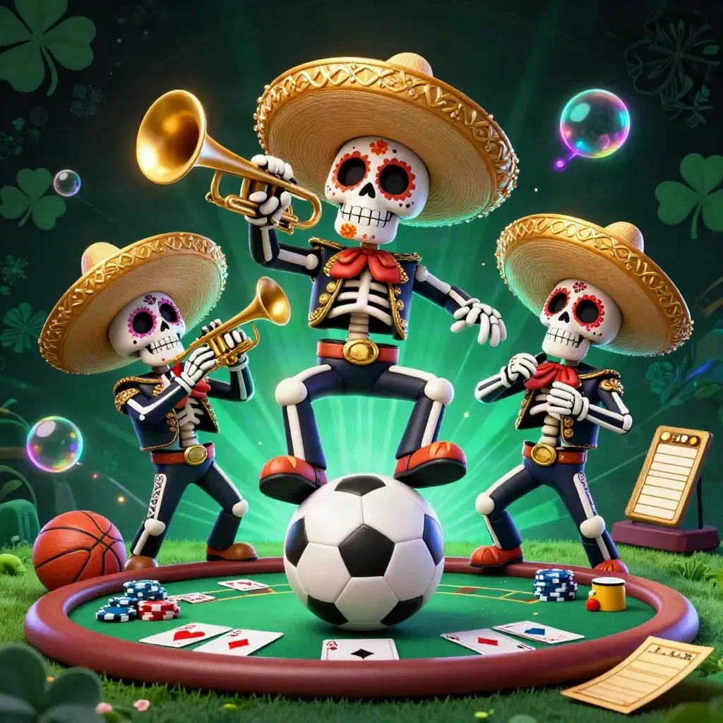Skeleton mariachi trio around a flying soccer ball, poker chips, gold glow, dark emerald casino scene.