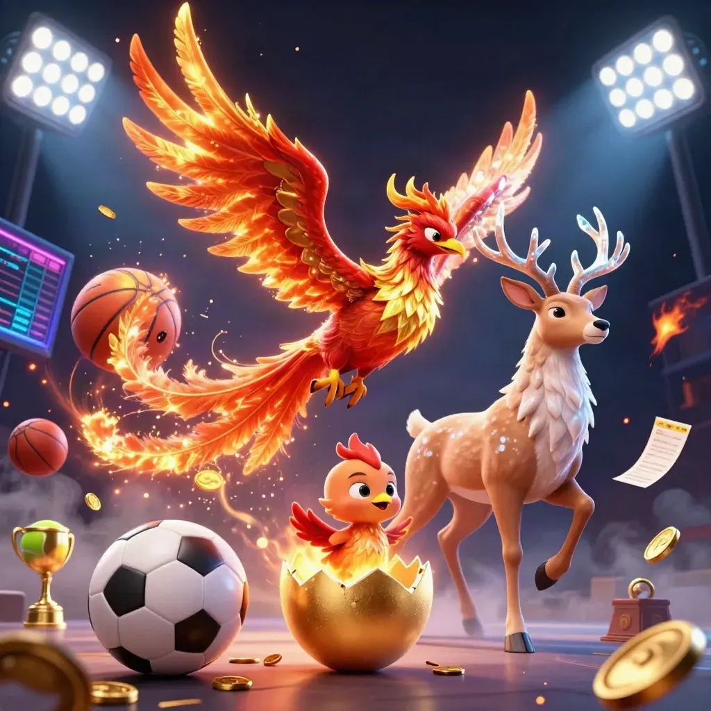Fire phoenix, baby phoenix, and crystal-antler stag amid flying sports balls and gold casino lights.