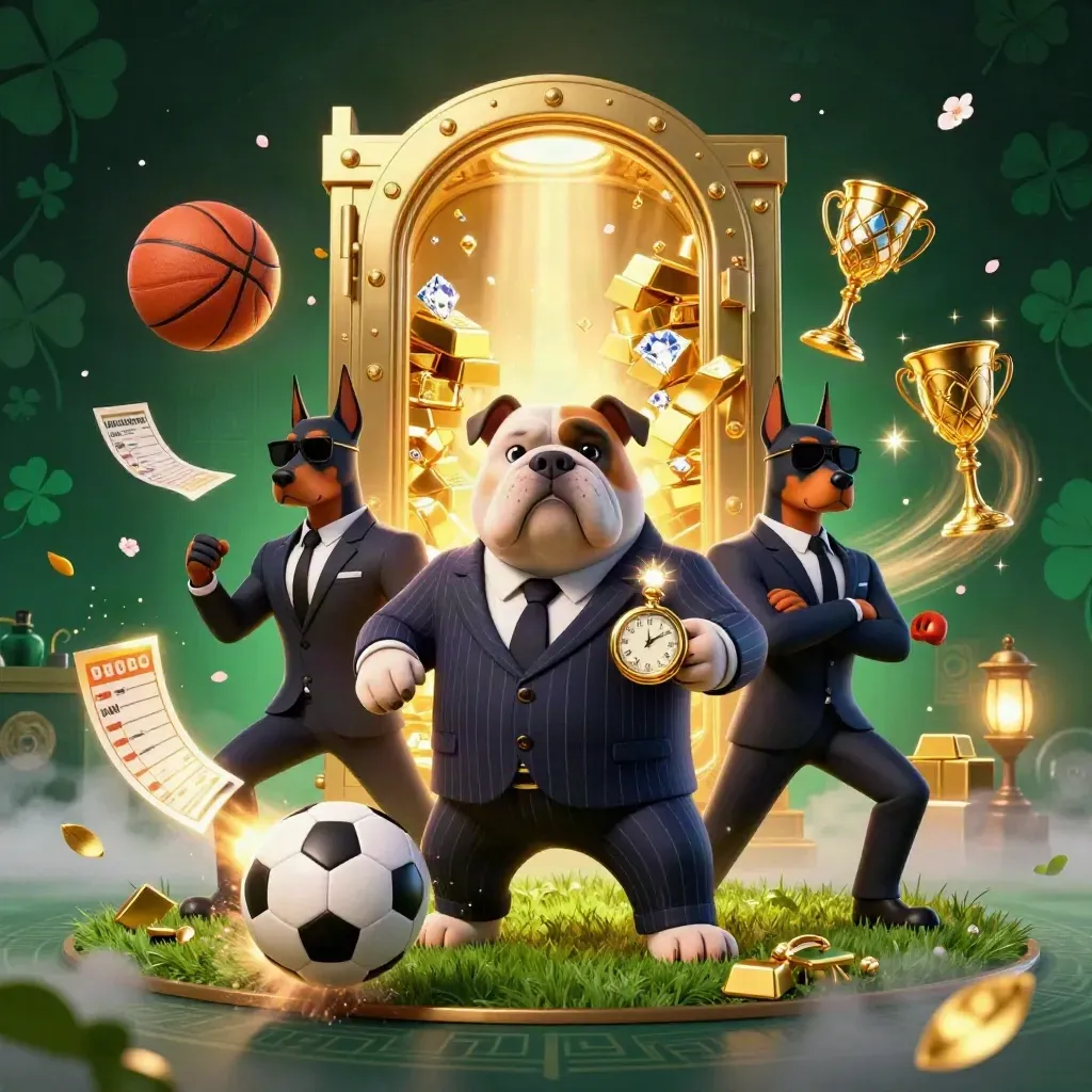 Bulldog casino boss and Doberman guards amid a gold vault burst, sports balls, and luxe effects.