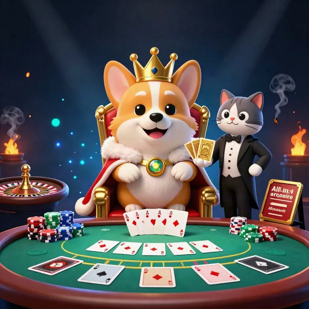 Royal corgi and cat butler rule a glowing casino table with chips, cards, and a spinning wheel.