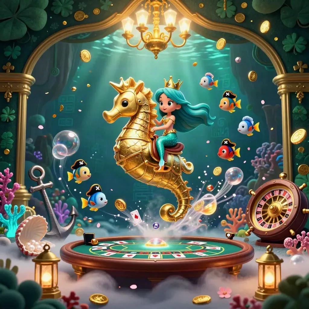 Mermaid princess rides a golden seahorse in an underwater casino cove with fish, coins, coral, and brass lights.