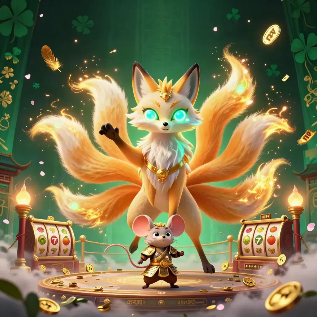Fox spirit and armored mouse amid gold magic, temple ruins, and casino relics.