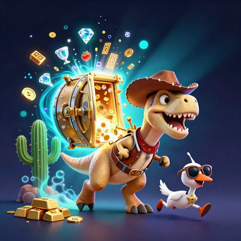 Cowboy T-Rex, cactus sidekick and sheriff roadrunner burst from a golden vault in cyan-lit casino key art