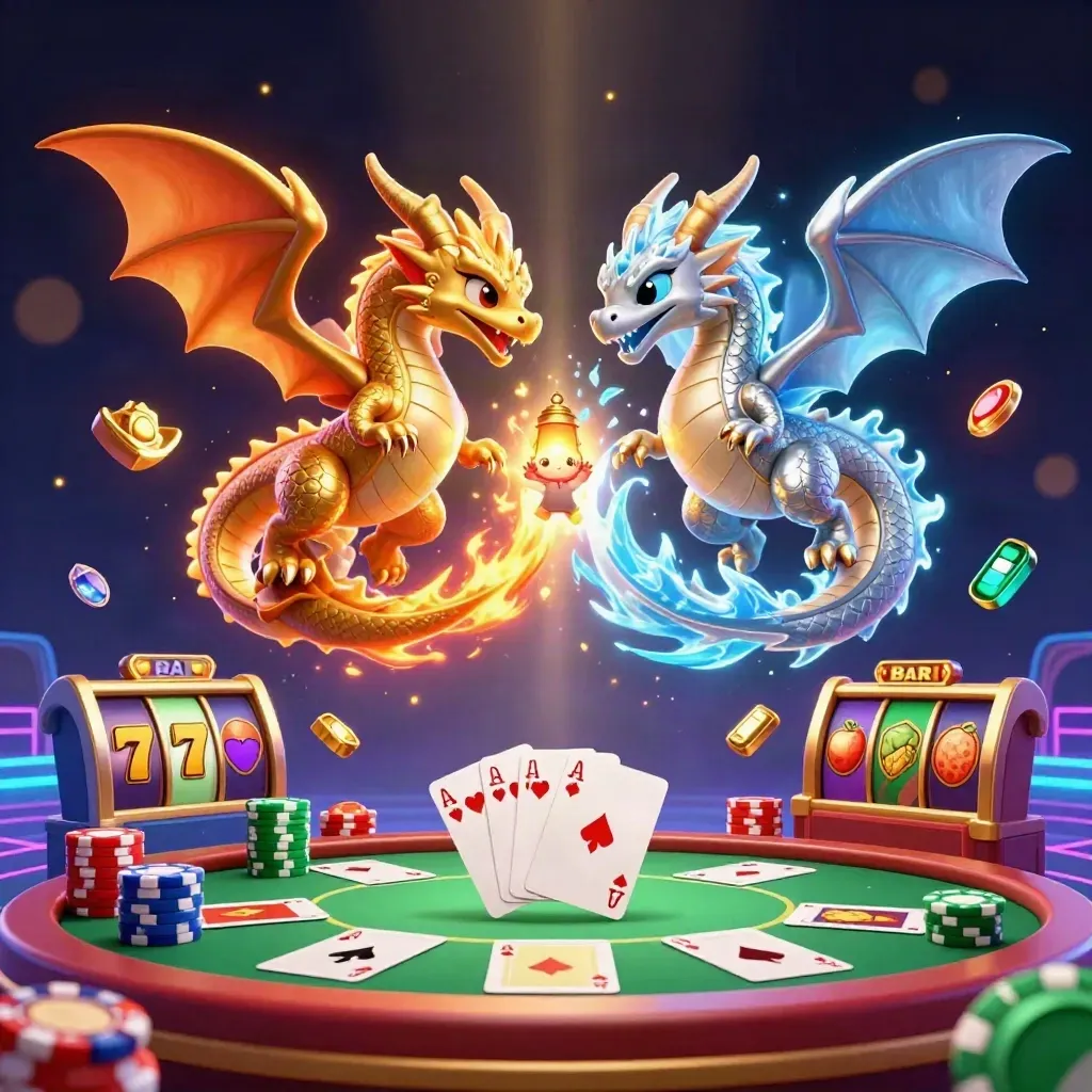 Gold and silver dragons spiral with fire and ice amid casino treasures and neon glow.