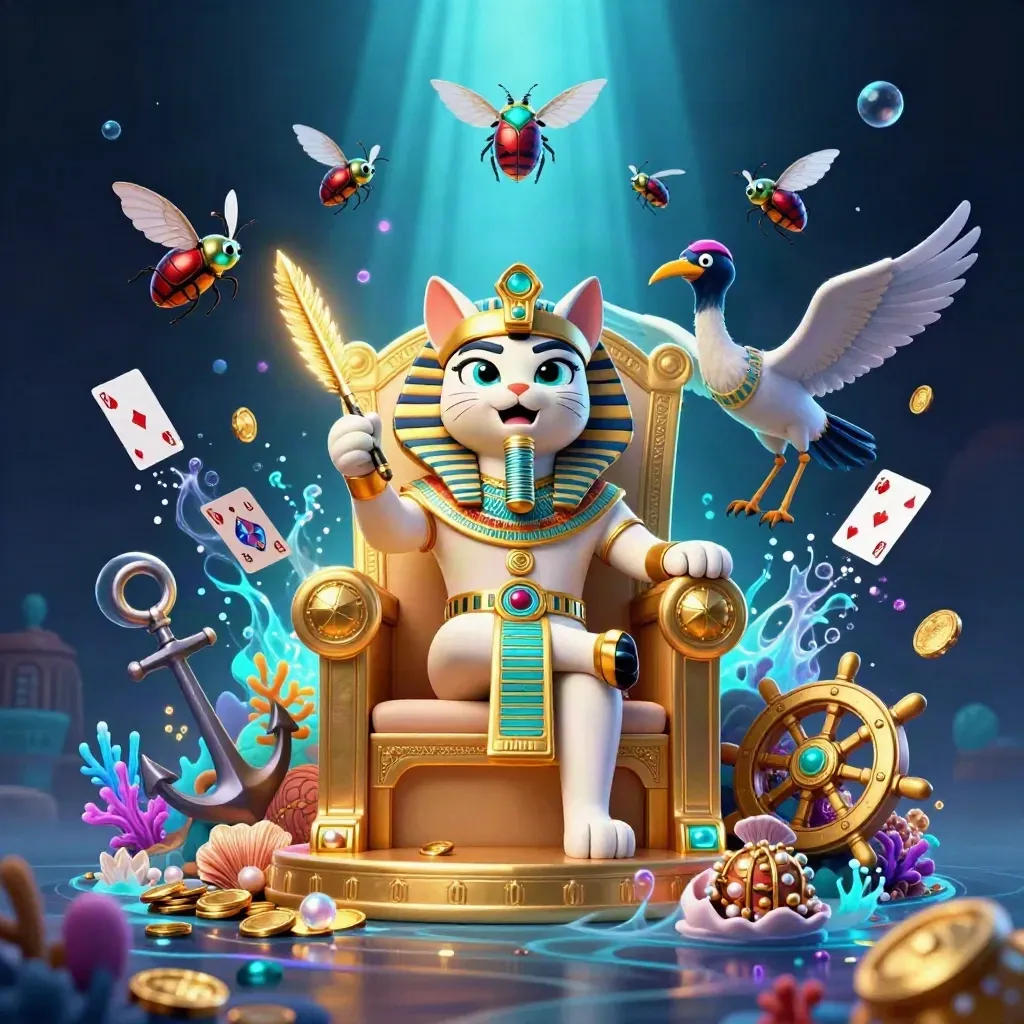 Pharaoh cat, ibis scribe, and gem scarabs amid an underwater treasure burst.