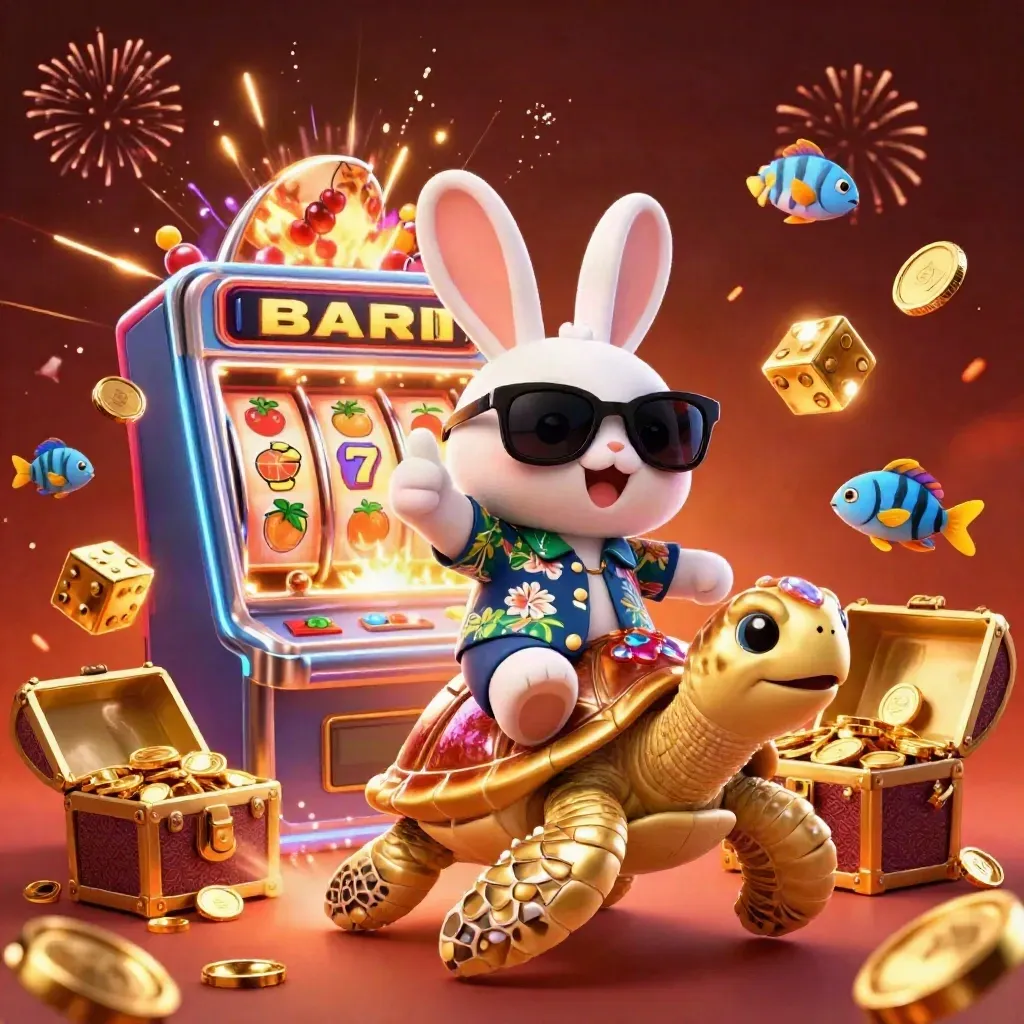 Lucky rabbit on golden turtle with slot machine explosion, coins, fireworks, and treasure