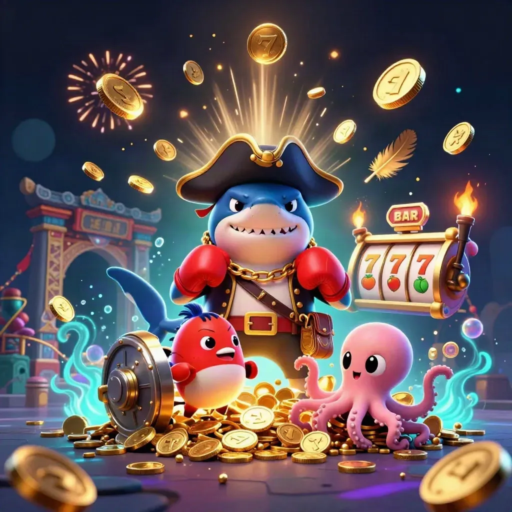 Pirate shark, boxing pufferfish, and juggling octopus amid casino treasure bursts and neon effects