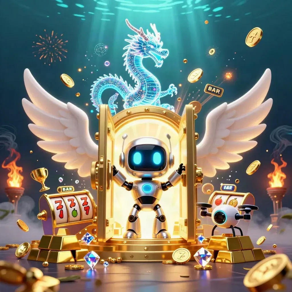 Robot mascot, hologram dragon, and drone burst from a vault with coins and jewels.