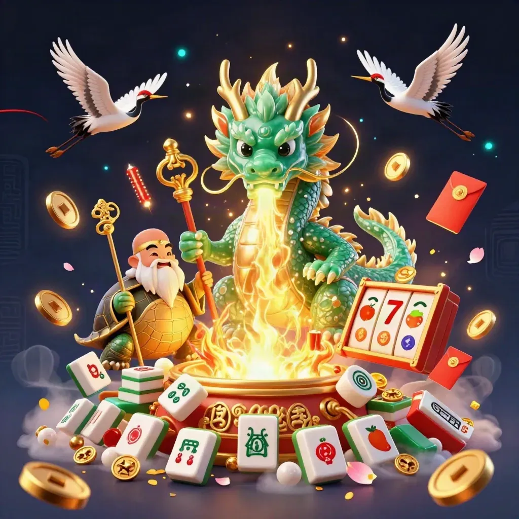 Emerald dragon, turtle sage, and cranes amid casino treasure, coins, lanterns, and fireworks.