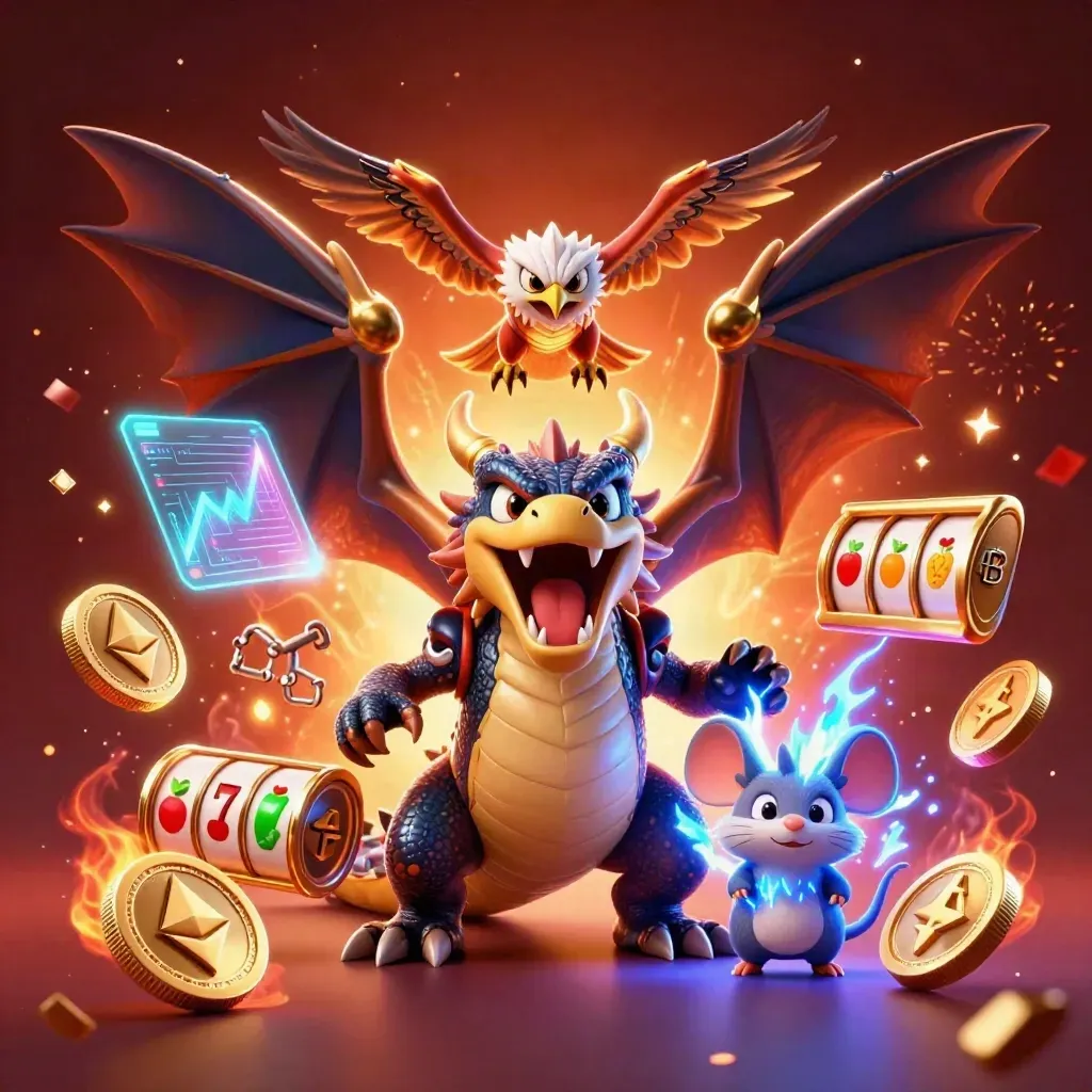 Thunder dragon, wind hawk, and static mouse amid casino coins, reels, and gold lightning.