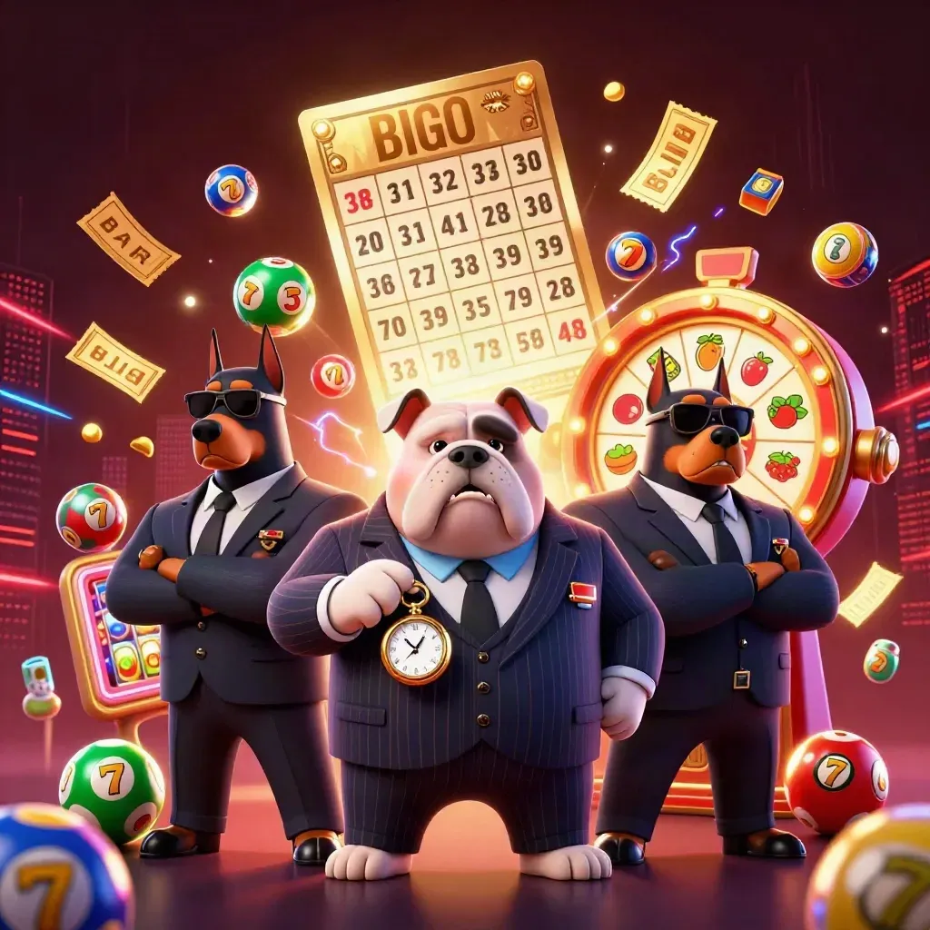 Bulldog mob boss with Dobermans amid casino burst, wheels, balls, neon energy on dark red gradient.